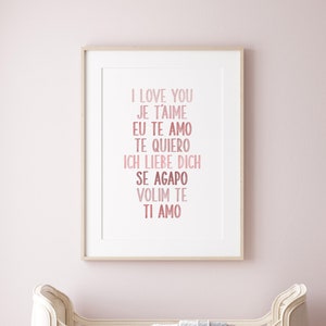 Acuarela rosa, Te amo en diferentes idiomas, Decoración del día de San Valentín, Te amo imprimir, Arte mural imprimible en guardería, Póster de cita de amor