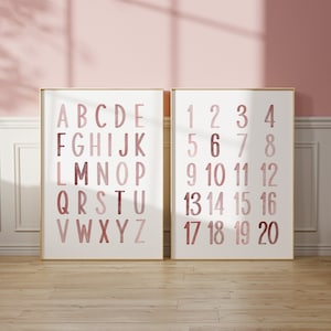 Blush Pink Alphabet & Numbers, SET of 2, Nursery Wall Art, Pink Alphabet Poster, ABC 123, Montessori Educational Wall Art, Girls Room Decor