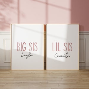 Blush Pink Aquarell, Big Sis Lil Sis Drucke, 2er SET, benutzerdefinierte Schwester Name, rosa Mädchen Zimmer Dekor, Schwester Geschenk, große Schwester, kleine Schwester