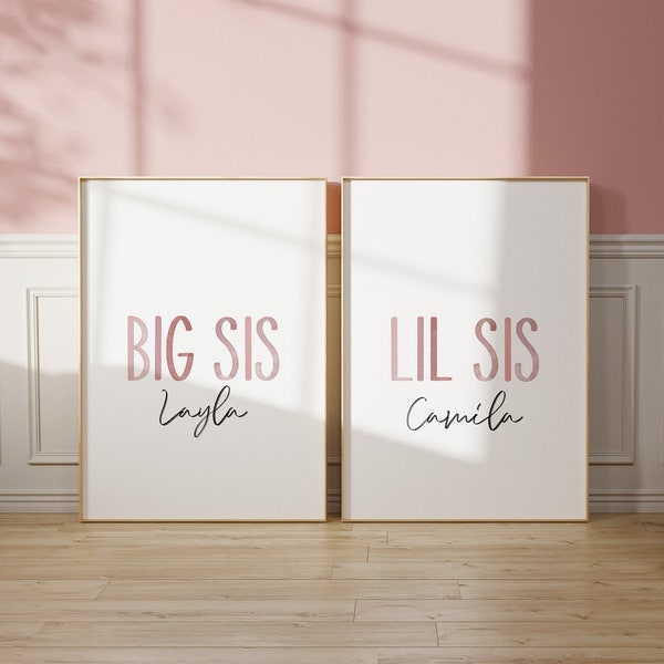 Blush Pink Watercolor, Big Sis Lil Sis Prints, SET of 2, Custom Sister Name, Pink Girls Room Decor, Sister Gift, Big Sister, Little Sister