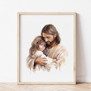 Christ&#39;s Embrace Wall Art, Jesus Watercolor Painting, I Am A Child Of God, Christian Nursery Print, Baptism Gift, Jesus Loves Me, Bible Art