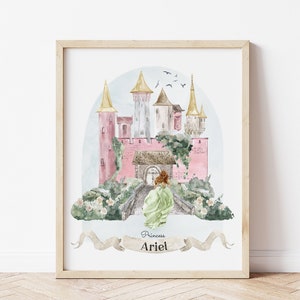 Custom Princess Castle Name Sign, Brown Hair Princess, Personalized Gift for Girl, Princess Themed Girls Nursery Decor, Fairy Tale Wall Art