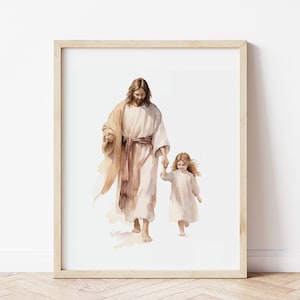 Jesus Walking With A Little Girl, Jesus Watercolor Painting, Christian Nursery Print, Lds Baptism Gift, Bible Wall Art, Jesus With A Child