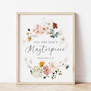 Você é a obra-prima de DEUS Efésios 2:10, arte floral da parede do versículo da Bíblia, impressão das escrituras do berçário, decoração do berçário da menina cristã, citação da Bíblia