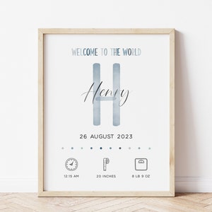 Baby Birth Stats Sign, Blue Watercolor, Personalized Gift, Birth Details Print, Printable Birth Announcement, Minimalist Boy Nursery Decor