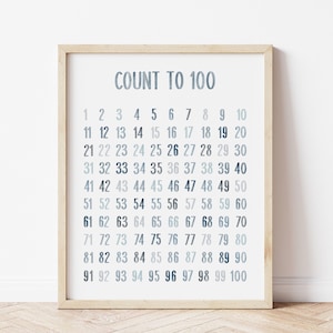 Contar hasta 100 gráfico, acuarela azul, 1-100 números, gráfico de cien imprimible, impresión de aprendizaje, cartel educativo, decoración de la escuela en el aula