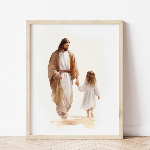 Jesus With A Little Girl, Jesus Watercolor Painting, Christian Nursery Print, Lds Baptism Gift, Bible Wall Art, Religious Printable Wall Art