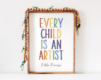 Pablo Picasso Quote, Every child is an artist, Rainbow Watercolor, Nursery Printable Wall Art, Colorful Kids Room Decor, Classroom Decor