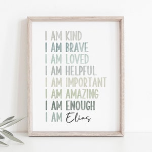 Impresión de afirmación de niños de acuarela verde salvia, nombre personalizado, afirmación positiva para niños, decoración de la habitación del niño, regalo personalizado, pared de la guardería