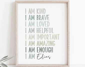 Sage Green Watercolor Kids Affirmation Print, Custom Name, Positive Affirmation for Kids, Boy Room Decor, Personalized Gift, Nursery Wall