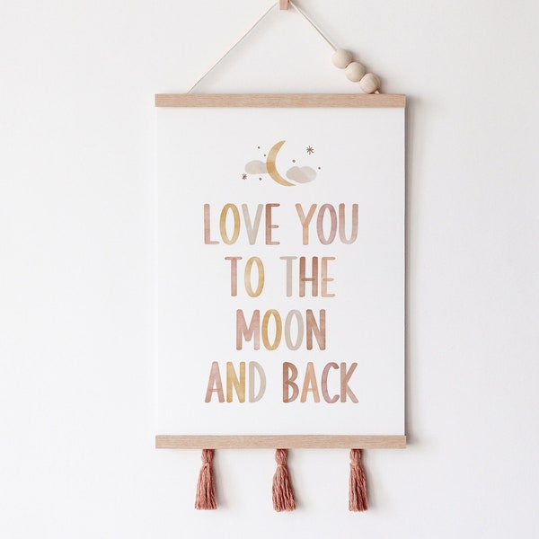 Love You To The Moon And Back Print, Boho Aquarell, Kinderzimmer Druckbare Wandkunst, Mond und Sterne, ÜberKrippe Druck, Neutrales Kinderzimmer Dekor