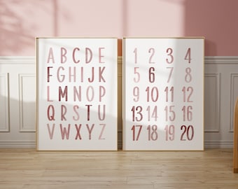 Blush Pink Watercolor Alphabet & Numbers Prints: Montessori Girl Nursery Decor (SET of 2) (Digital Download)