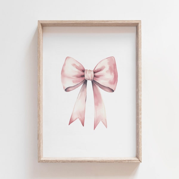 Art mural rose coquette noeud papillon imprimable, décoration de chambre de bébé ruban vintage, art mural de chambre de fille shabby chic, impression noeud rose tendre, décoration de chambre de fille