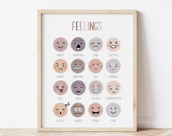 Peut inclure: Un tableau imprimable avec le mot "FEELINGS" en haut et 16 émotions différentes illustrées par des visages de dessins animés. Chaque émotion est étiquetée d'un mot sous le visage de dessin animé. Les émotions incluent le bonheur, la surprise, la tristesse, l'excitation, la colère, la nervosité, la timidité, l'inquiétude, la bêtise, le calme, l'amour, la déception, le sommeil, la peur, la fierté et la bien.