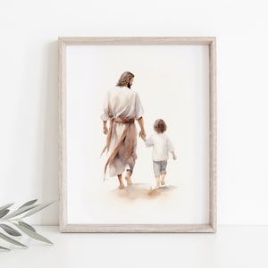 Jesus Walking With A Little Boy, Jesus Watercolor Painting, Christian Nursery Print, Lds Baptism Gift, Bible Wall Art, Jesus With A Child