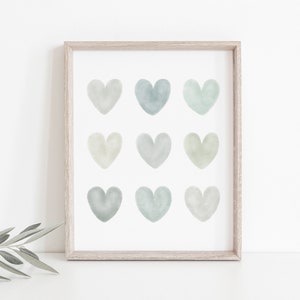 Sage Green Watercolor Hearts Print, Minimalist Nursery Printable Wall Art, Kids Digital Print, Green Boy Nursery Room Decor, Playroom Decor