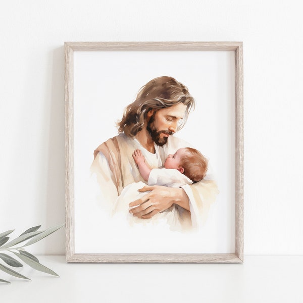 Watercolor Painting Of Jesus Holding A Newborn Baby, Christ's Embrace Wall Art, Christian Nursery Decor, Baptism Newborn Baby Shower Gift