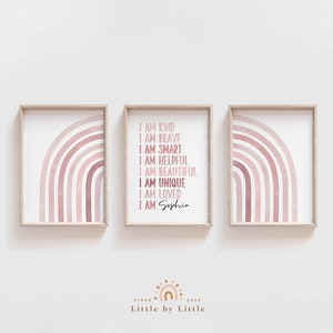 Girls Affirmation Print, SET of 3, Personalized Affirmation Wall Art, Girls Room Decor, Blush Pink Watercolor Half Rainbow, Baby Shower Gift