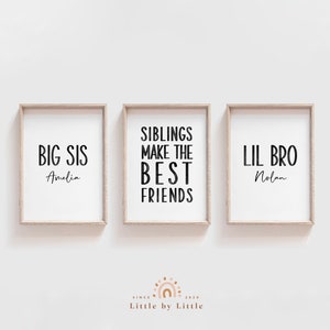 Black Watercolor Sibling Name Prints, Set of 3, Sibling Quote, Minimalist Kids Room Decor, BIG sis LIL bro, Siblings make the best friends