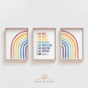 CONJUNTO de 3 impressões de afirmação infantil, arte de parede de afirmação infantil personalizada, impressão de nome personalizado, afirmação para crianças, arco-íris aquarela, eu sou o suficiente
