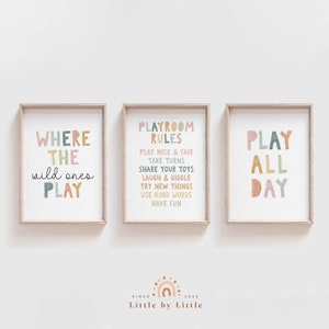 Set of 3 Playroom Sign, Where The Wild Ones Play, Playroom Rules, Play All Day,  Playroom Decor, Pastel Earthy, Gender Neutral Digital Print