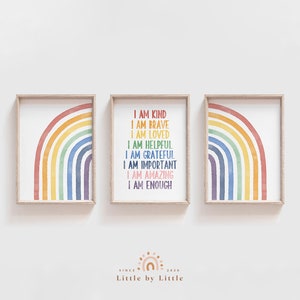 Kids Affirmations, SET of 3 Prints, Kids Affirmation Wall Art, Watercolor Rainbow, Affirmation for Kids, I am enough, Positive Affirmations