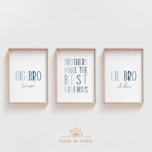 Custom Brother Name Print, SET of 3, Brothers Make The Best Friends, Boys Room Decor, BIG Bro LIL Bro, Blue Watercolor, Boys Playroom Decor