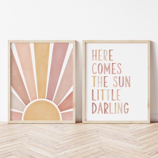 Here Comes The Sun Little Darling, ENSEMBLE de 2 impressions Boho Aquarelle Sunshine, Décoration de chambre pour enfants Boho, Art mural de pépinière imprimable, Pépinière Boho