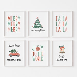 SET of 6 Christmas Prints, Christmas Gallery Wall Art, Holiday Decor, Merry Everything, Fa La La, Christmas Tree, Christmas Printable Cards