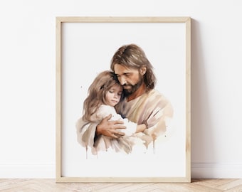 Christ&#39;s Embrace Wall Art, Jesus Watercolor Painting, I Am A Child Of God, Christian Nursery Print, Baptism Gift, Jesus Loves Me, Bible Art