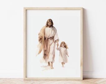 Jesus Walking With A Little Girl, Jesus Watercolor Painting, Christian Nursery Print, Lds Baptism Gift, Bible Wall Art, Jesus With A Child
