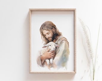 Jesus Christ Holding A Lamb Watercolor Painting, Jesus with Sheep, The Good Shepherd, Christian Wall Art, Lost Sheep, Jesus Leaves the 99