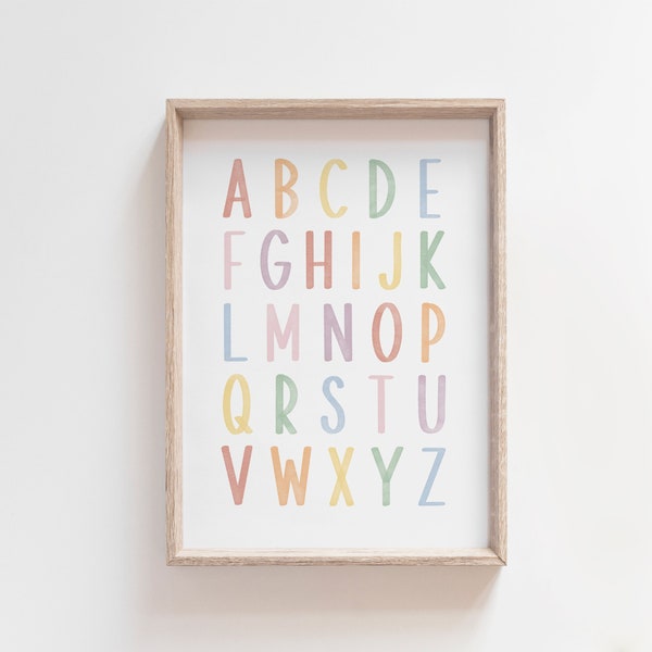 Pastel Watercolor Alphabet Poster, Nursery Printable Wall Art, Soft Rainbow Color, ABC Print, Montessori Educational Print, Classroom Decor