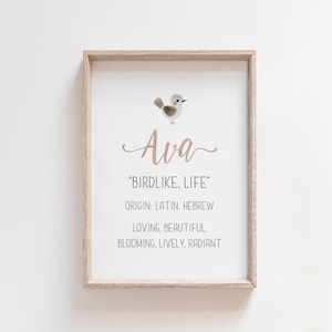 Ava nom signifiant impression, signification d'Ava, signe de nom de douche de bébé, décor de chambre de filles, signe de nom de pépinière, nouveau cadeau de bébé, téléchargement immédiat Art mural
