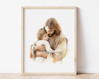 Watercolor Painting of Jesus Holding a Boy, Christ&#39;s Embrace Print, Christian Nursery Decor, Lds Baptism Gift for Boy, Bible Wall Art