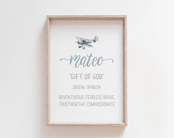 Mateo Name Meaning Print: Airplane Nursery Decor (Digital Download)