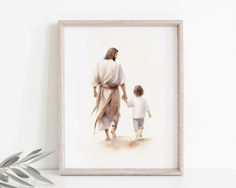 Jesus Walking With A Little Boy, Jesus Watercolor Painting, Christian Nursery Print, Lds Baptism Gift, Bible Wall Art, Jesus With A Child