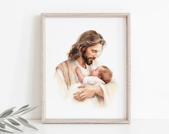 Watercolor Painting Of Jesus Holding A Newborn Baby, Christ&#39;s Embrace Wall Art, Christian Nursery Decor, Baptism Newborn Baby Shower Gift