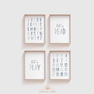 Juego de 4 impresiones de acuarela azul con números del alfabeto, Let's Read Let's Play, arte de pared para guardería, decoración de guardería, póster educativo Montessori
