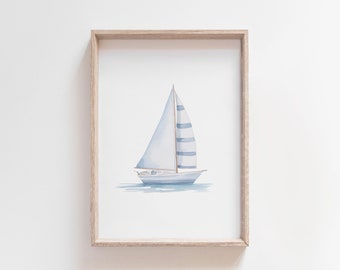 Blue Sailboat Watercolor Print: Nautical Coastal Wall Art (Digital Download)