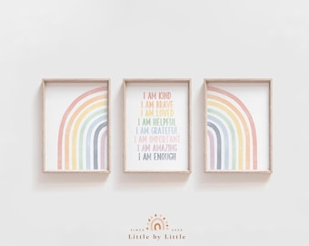 May include: Three framed prints with rainbow designs. The middle print features the text "I am kind, I am brave, I am loved, I am helpful, I am grateful, I am important, I am amazing, I am enough".