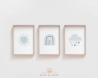 Sun Rainbow Cloud Print (Set of 3) : Blue Nursery Wall Art (Digital Download)