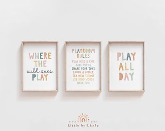 Playroom Sign Set of 3: Playroom Rules, Play All Day, Pastel Earthy Colors (Digital Download)