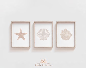 SET of 3 Prints, Sea Shell Printable, Nautical Nursery Decor, Coastal Home Decor, Summer Wall Decor, Boho Neutral Color, Starfish Print