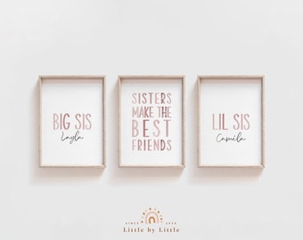 Set of 3 Blush Pink Sister Prints, Custom Sister Name, Sister Prints, Pink Girls Room Decor, BIG sis LIL sis, Sisters make the best friends