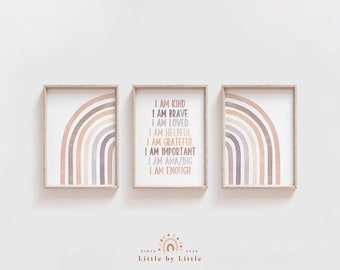 SET of 3 Kids Affirmation Prints, Neutral Kids Affirmation Wall Art, Boho Watercolor Rainbow, Affirmation for Kids, Positive Affirmations
