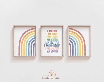 May include: Three framed prints with watercolor rainbows and the text "I am kind, I am brave, I am loved, I am helpful, I am grateful, I am important, I am amazing, I am enough".