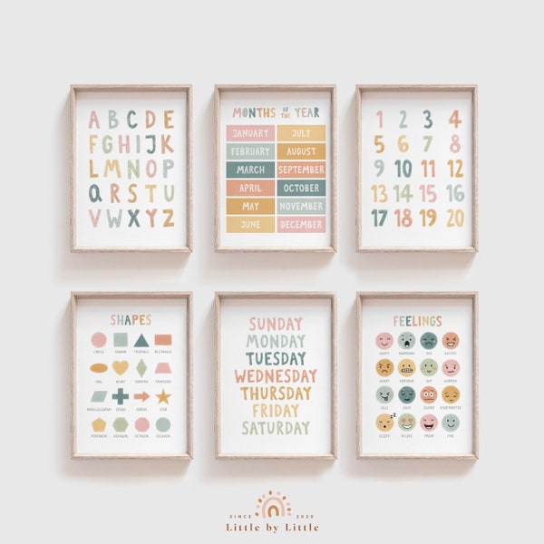SET of 6 Learning Prints written with colored pencils, Pastel Earthy Color, Alphabet, Numbers, Week, Feeling, Shapes, Months, Gender Neutral