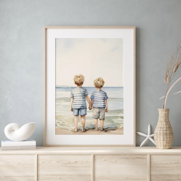 Watercolor Painting Of Brothers At The Beach, Boys Room Decor, Big Brother Little Brother, Gift For Brother Mom, Nautical Brotherhood Print