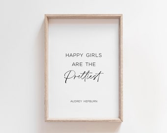Les filles heureuses sont les plus jolies, citation d’Audrey Hepburn, décor de chambre de bébé fille, art mural minimaliste, décor de chambre de filles, art mural de typographie